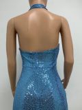 Women Sleeveless Halter Neck Backless Sequin Slit Evening Dress