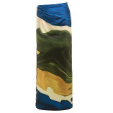 Women Autumn Print Contrasting Color Slit High Waist Skirt