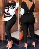 Women Autumn Casual Backless Printed Top and Pants Two-piece Set