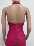 Women Sleeveless Halter Neck Backless Sequin Slit Evening Dress