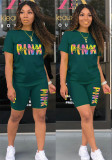 Conjunto de pantalones cortos de dos piezas con estampado de cuello redondo deportivo informal de moda de verano para mujer