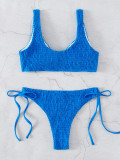Solid Color Texture Pleated Lace Up Sexy Two Pieces Bikini Swimsuit