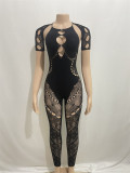 Women's autumn solid color long sleeves hollowed out diamond sexy slim high waist lace jumpsuit