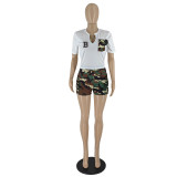 Women's Pocket Digital Print Camouflage Short Sleeve Two-Piece Shorts Set