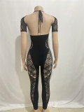 Women's autumn solid color long sleeves hollowed out diamond sexy slim high waist lace jumpsuit