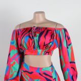 Sexy Printed Lantern Sleeve Off Shoulder Top Slit Long Skirt Two-Piece Set