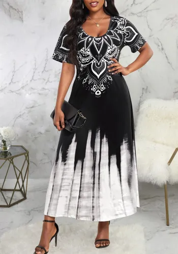 Sexy Fashion Printed U-Neck Short Sleeve Women's Long Dress