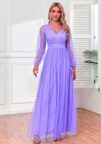 Women's Elegant V-Neck See-Through Long Sleeves Sheer Glitter Evening Gown A-Line Wedding Party Dress
