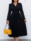 Plus Size African Women Long Sleeve Lace Up Solid V Neck Dress