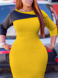 Plus Size African Women Autumn Solid Three Quarter Sleeve Color Block Dress
