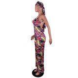 Women's Summer Sleeveless Straps Painted Print Low Back Long Jumpsuit With Bandana