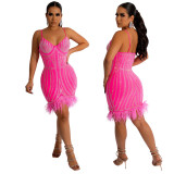 Women Solid Sexy Suspender V-Neck Beaded Feather Dress