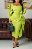 Womens Solid Square Neck Ruched Long Sleeve Dress