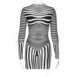 Women Autumn Stripe Print Long Sleeve Dress
