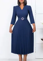 Women Autumn V-neck Elegant Pleated Dress