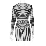 Women Autumn Stripe Print Long Sleeve Dress