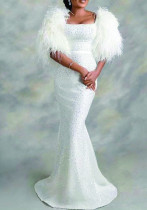 Women U-Neck Sequin Feather Sleeve Evening Dress