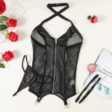 Women Lace pu Leather Patchwork Hollow Backless One-piece Sexy Lingerie