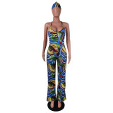 Women's Summer Sleeveless Straps Painted Print Low Back Long Jumpsuit With Bandana