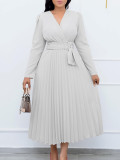 Plus Size African Women Long Sleeve Lace Up Solid V Neck Dress