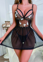 Women Butterfly Embroidery Patchwork Mesh Suspender Skirt See-Through Sexy Lingerie
