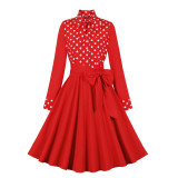 Women polka dot bow long sleeve dress