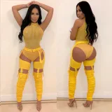 Women Sexy Belt Irregular Pleats Tight Pants
