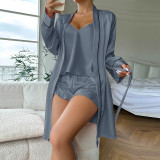 Women Summer Satin Suspenders Nightgown Loungewear Three-Piece
