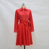 Women polka dot bow long sleeve dress