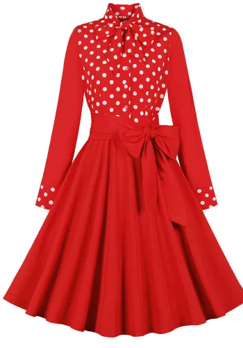 Women polka dot bow long sleeve dress