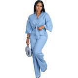 Women Chic Solid Shirt and Pant Casual Two-Piece Set