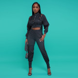 Conjunto de dos piezas de mezclilla informal con abrigo y pantalón con cremallera estilo mujer