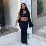 Women Summer Solid Unilateral Long Sleeve Sexy Crop Top and High Waist Long Skirt Two-piece Set