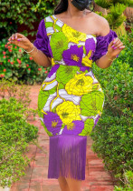 Women Slash Shoulder Balloon Sleeve Floral Print Tassel Dress