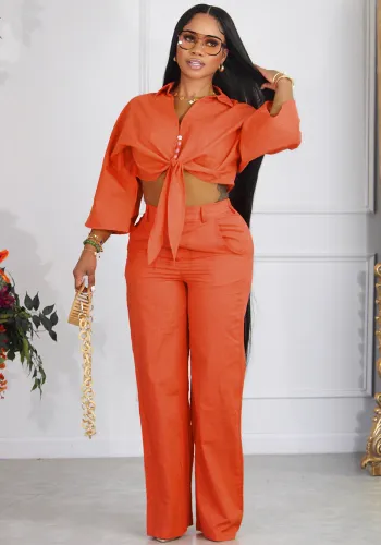 Women Chic Solid Shirt and Pant Casual Two-Piece Set