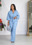 Women Chic Solid Shirt and Pant Casual Two-Piece Set