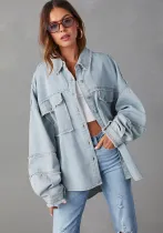 Women Casual Fall Washed Solid Denim Jacket