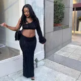 Women Summer Solid Unilateral Long Sleeve Sexy Crop Top and High Waist Long Skirt Two-piece Set