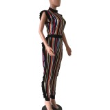 Women Sexy Sleeveless Ruffle Edge Stripe Jumpsuit