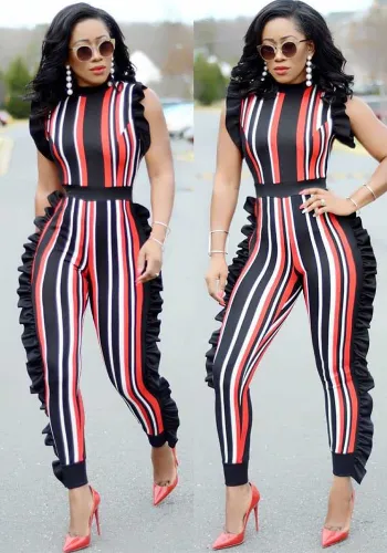 Women Sexy Sleeveless Ruffle Edge Stripe Jumpsuit