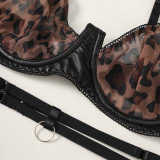Conjunto de lencería sexy de tres piezas con estampado de leopardo y malla de encaje, ropa interior sexy, transpirable y hueca