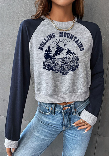 Kontrastfarbenes Rundhals-T-Shirt mit Frühlings- und Herbstdruck