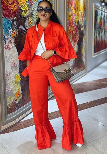 Women's Casual Set Ruffle Half-Sleeve Shirt Micro Bell Bottom Pants Two-Piece Set