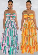 Ladies Fashion Striped Print Strapless Top Long Skirt Two-Piece Set