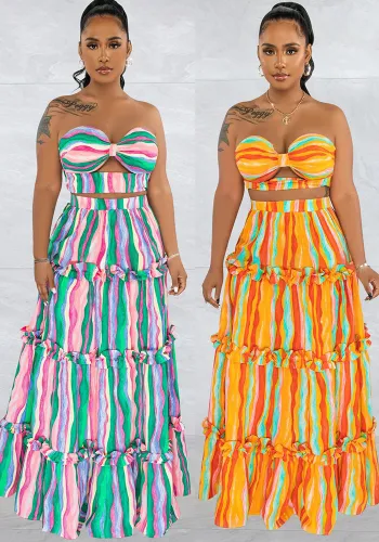 Ladies Fashion Striped Print Strapless Top Long Skirt Two-Piece Set
