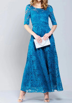 Women's Lace Hollow Half-Sleeve Round Neck Solid Color Evening Dress