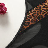 Lacemesh Leopard Print Patchwork Low Back High Waist Open Crotch Sexy Bodysuit Lingerie