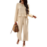 Women's Fall Winter Chic Casual Two Piece Set Solid Color Long Sleeve Top Loose Trousers