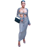 Autumn And Winter Women's Striped Strapless Crop Top Long-Sleeved Cardigan Bodycon Skirt Three-Piece Set