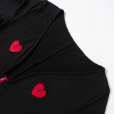 Women's Fall/Winter Heart Print Embroidery Zipper V-Neck Long Sleeve Jumpsuit